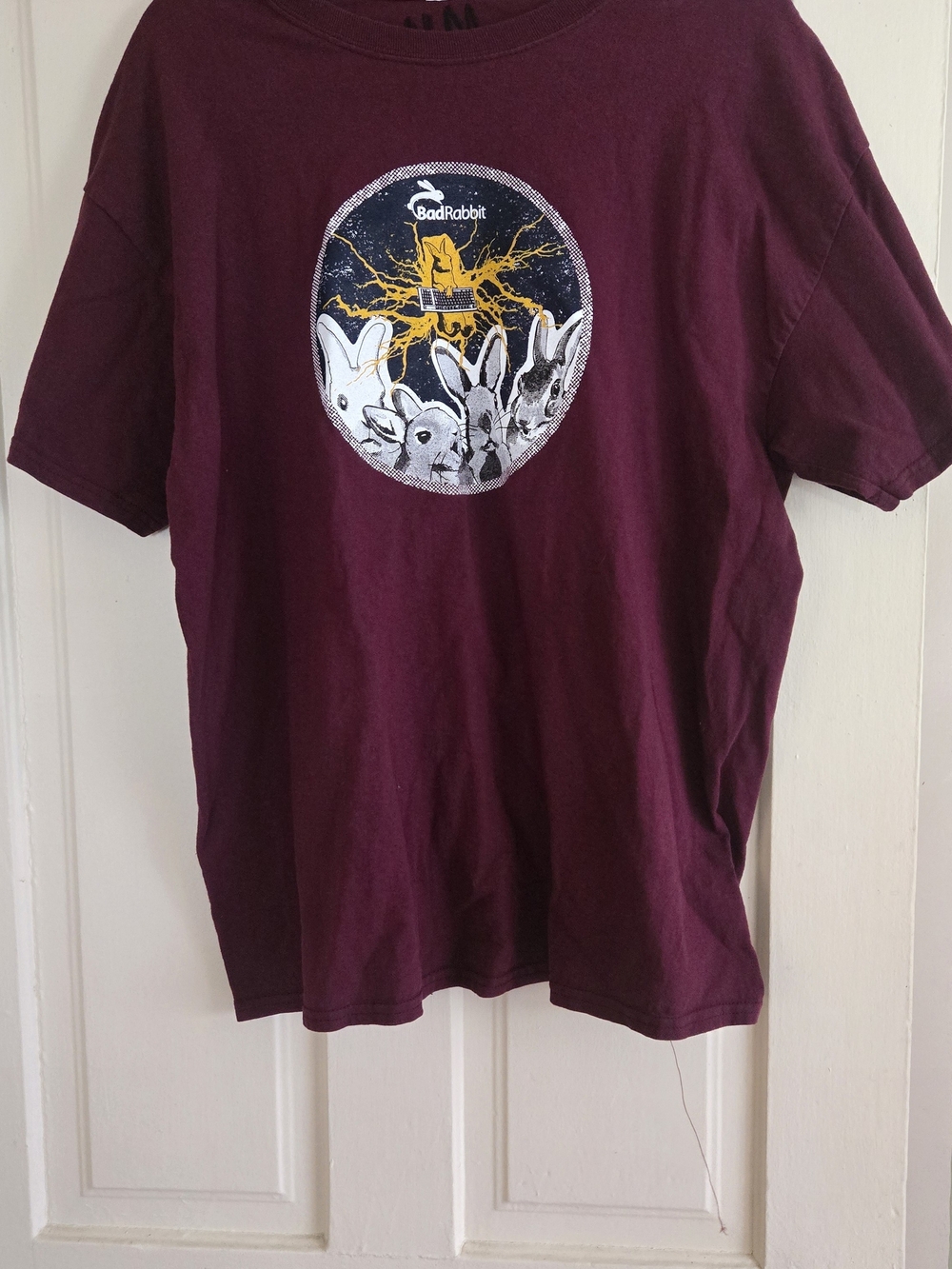 BadRabbit Men’s Burgundy Graphic Tee - Rabbit Playing Keyboard LARGE